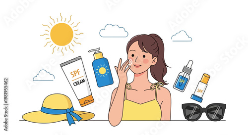 Woman applying sunscreen, sun protection products, summer skincare, healthy skin