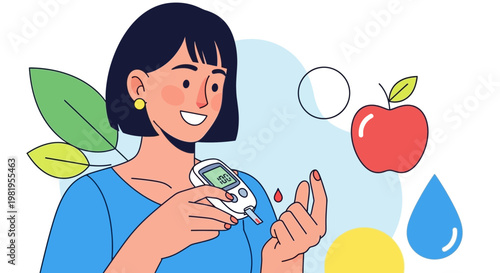 Woman checking blood sugar with glucose meter, healthy lifestyle, diabetes care, apple and water drop icons