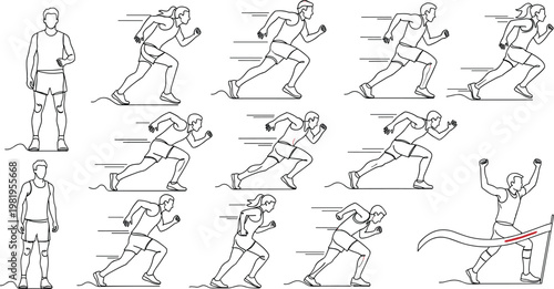 Running Athlete Motion Sequence Set with Sprinting Poses, Dynamic Movement Lines, Fitness Training Illustration, Marathon Runner Progression Vector Design.