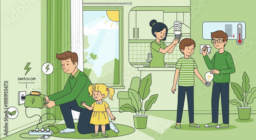Family saving energy at home: turning off lights, unplugging devices, using LED bulbs