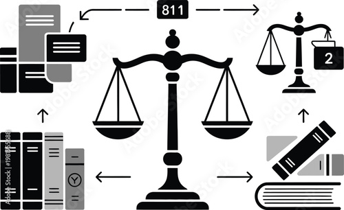 Legal research and justice process with law books and balancing scales for litigation and courtroom proceedings