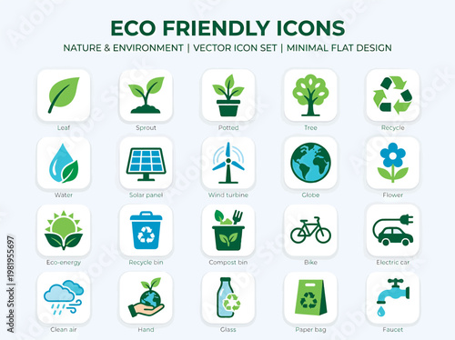 Eco friendly icons set for nature and environment with minimal flat design