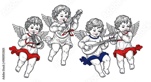 Schilderij op canvas Cherubs playing musical instruments, vintage drawing, angelic choir, baroque sty