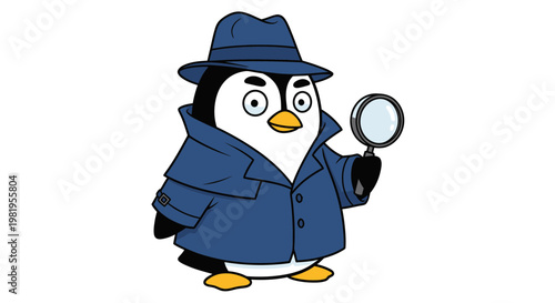 Cartoon Penguin Detective with Magnifying Glass, Wearing Fedora and Trench Coat