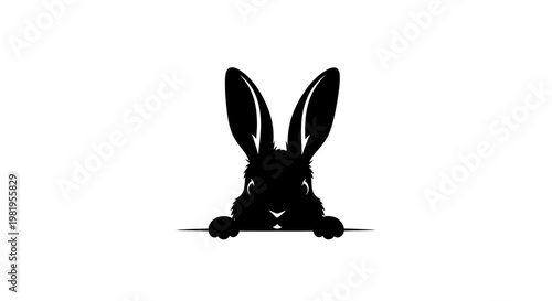 Curious Black Rabbit Silhouette Peeking Over Edge, White Background