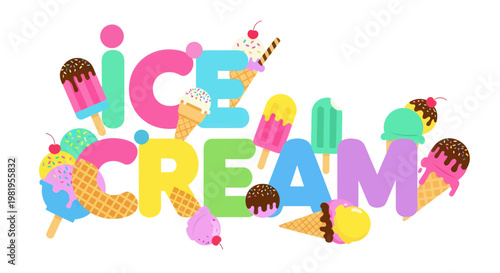 Colorful Ice Cream Word Art with Waffles and Cherries - Summer Treat