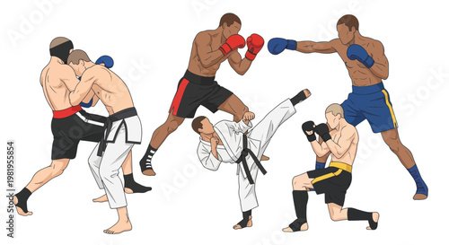 Diverse Martial Arts Combatants in Dynamic Action Poses