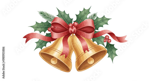 Golden Christmas Bells with Holly and Red Ribbon