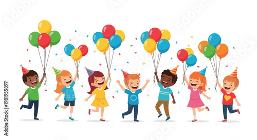 Happy Diverse Children Celebrating Birthday with Balloons and Confetti