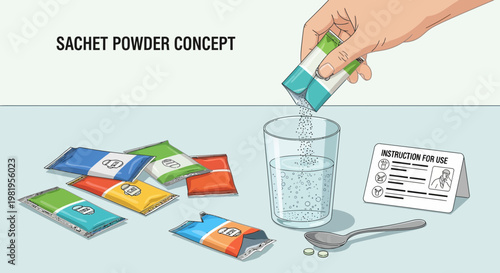 Sachet Powder Concept: Pouring Supplement into Water with Instructions and Spoon