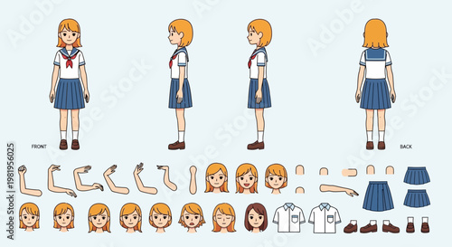 Anime School Girl Character Design Sheet: Front, Side, Back Views & Parts