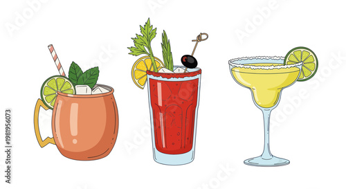 Three refreshing cocktails: Moscow Mule, Bloody Mary, Margarita on white background