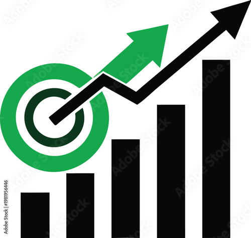 Business growth chart with target and green arrow