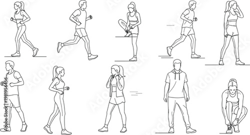 Running Sequence Collection with Male and Female Athletes in Different Poses, Dynamic Motion Illustration Set, Fitness Training, Jogging Activity, Outline Vector Design.