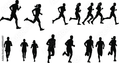 Running Silhouette Collection with Male and Female Athletes in Motion, Sprinting and Jogging Poses, Fitness Training, Dynamic Action Vector Illustration Set.