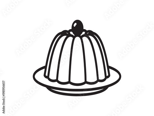 Black and white illustration of jell o dessert with a cherry on top