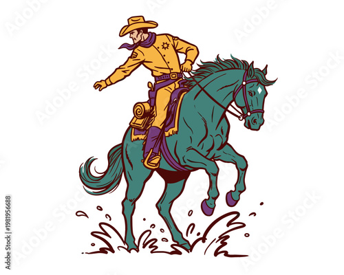 Retro style cowboy country horse with confident pose. Ideas for western rodeo or west themed designs. Cowboy graphic print. Western vintage artwork.