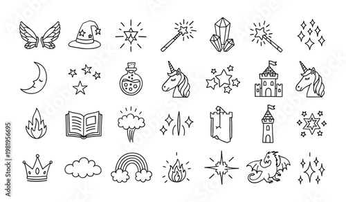 Black and white line of magical fantasy lineart unicorn castle