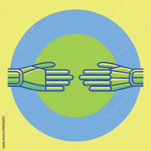 Blue and green circle with hands in the middle symbol
