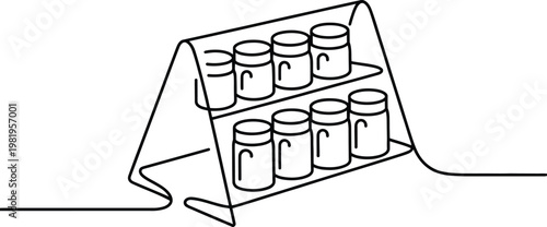 Minimalist line drawing of a kitchen spice rack organizer holding various glass seasoning jars for cooking