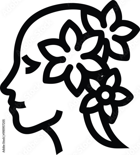 Black silhouette of woman's head with flowers on white background