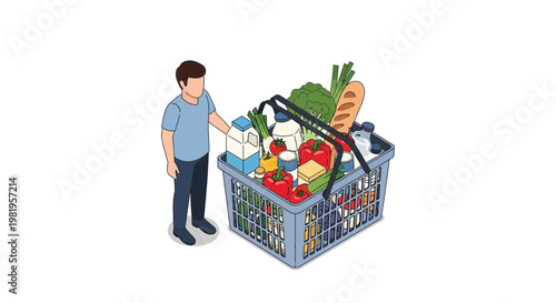 Man with full grocery basket, shopping, healthy food, supermarket, fresh produce, dairy, bread
