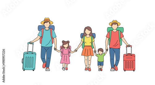 A family of four walking together with luggage and backpacks on a plain