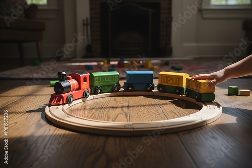 Wooden Toy Train on Track with Child Playing at Home Cozy Playtime Scene