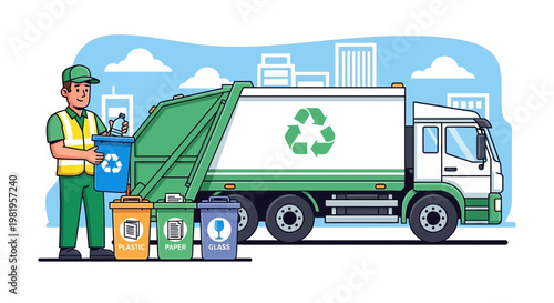 Recycling truck and worker collecting sorted waste in city