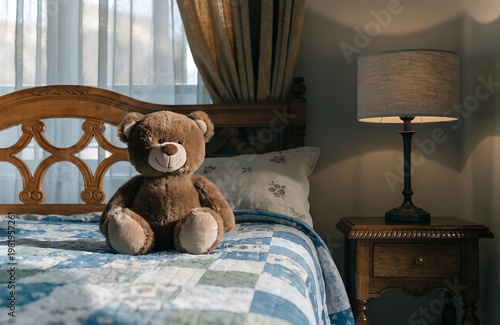 Cute Teddy Bear Sitting on Bed in Cozy Bedroom with Warm Light