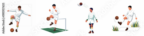 Set of vintage soccer player illustrations performing various actions like kicking and juggling with a classic leather football in a retro style.