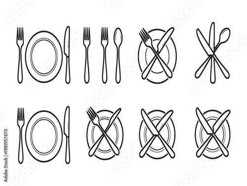Black and white sketch of various table setting arrangements with forks knives and plates