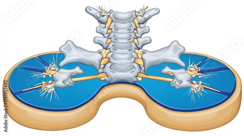 spinal. Diagrammatic cross-section of spinal disc protrusion, medical illustration. STEM education sheets, lab safety posters, designed for STEM education and laboratory safety posters.