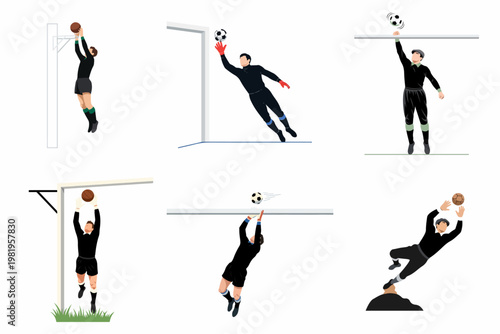 Collection of Vintage Soccer Goalkeeper Illustrations Making Dynamic Saves and Diving for the Ball