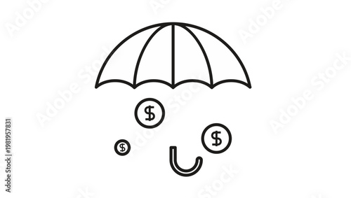 Financial insurance and money protection vector icon illustration featuring a black line art umbrella sheltering dollar sign coins, symbolizing wealth security and savings for a rainy day.