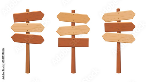 Set of wooden directional sign posts with empty arrows, indicating different directions for guidance