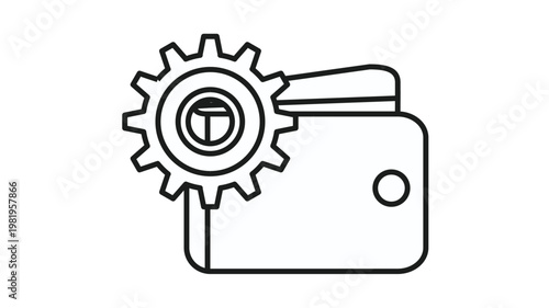 Black line vector icon illustration of a wallet combined with a gear cogwheel, symbolizing financial management, payment settings, money processing, and digital wallet configuration services.
