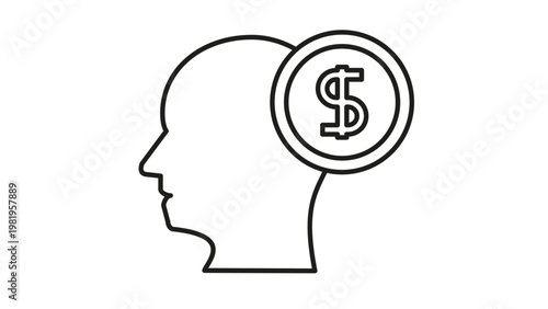 Minimalist black line vector icon illustration of a human head profile with a dollar sign coin, representing financial mindset, wealth management, investment thinking, greed, and money-oriented goals.
