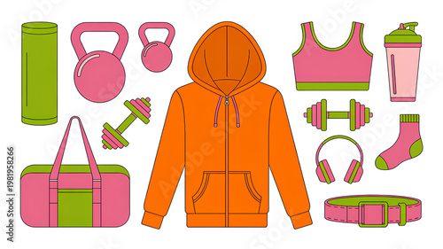 Sport fitness equipment outfit pink green orange hoodie dumbbells bag shaker socks headphones belt isolated