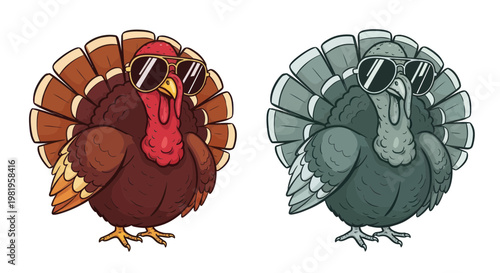 Cool Turkeys Wearing Sunglasses, Funny Cartoon Style