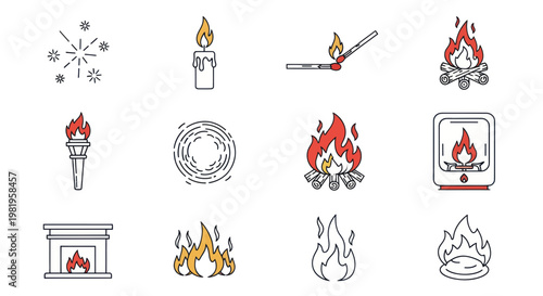 Fire Icons Set: Flames, Candles, Campfires, Fireplaces, Torch, Sparks