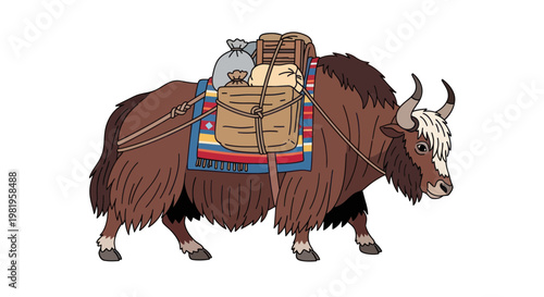 Illustration of a loaded yak walking, carrying supplies on its back, white background