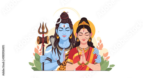 Lord Shiva and Goddess Parvati in prayer, Hindu deities, cultural illustration
