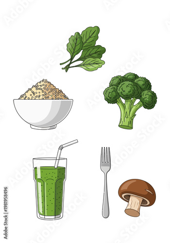 Cartoon illustration of healthy food items quinoa spinach broccoli green smoothie mushroom fork