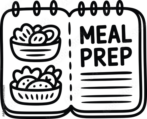 Open spiral notebook showing healthy food illustrations and text for effective weekly meal prep planning routine
