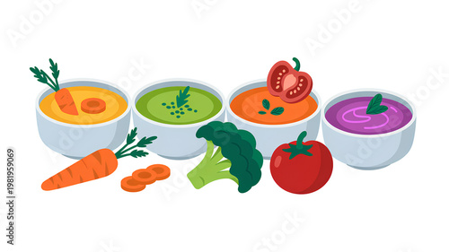 Vegetable soup bowls collection with healthy ingredients including carrot broccoli tomato and fresh herbs set