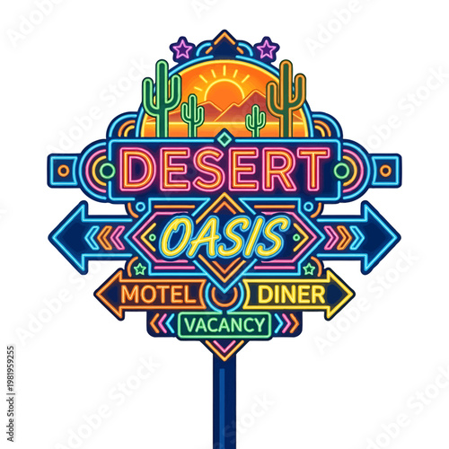 Vibrant neon desert oasis roadside sign illustration for motel and diner advertisement, glowing retro artwork guiding travelers