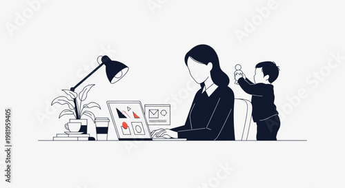 Mother working from home with her child playing nearby.