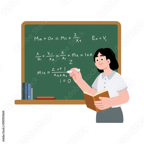 Female Teacher Explaining Mathematical Formulas on Green Chalkboard
