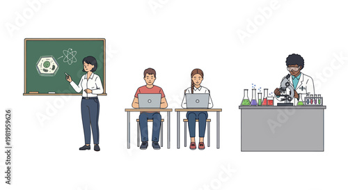 Science education set with teacher, students, and laboratory researcher.